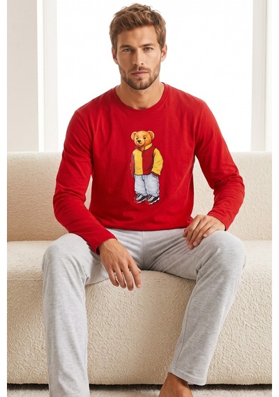 Siyah İnci Baskılı Pamuklu Örme Uzun Kollu Pijama Takım 8076 Kırmızı