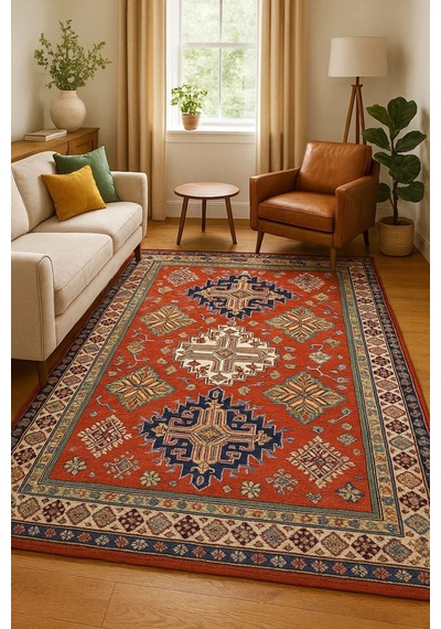Geleneksel Motifli Desen Modern Halı Dekoratif Kilim Kırmızı