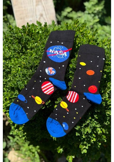 Lousocks Unisex Nasa Gezegenler Sağlı Sollu Soket Çorap Siyah