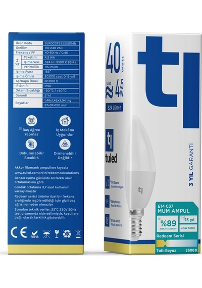 Redeem C37S E14 Mum Ampul, Titreşimsiz, Göz Konforu, 524 Lümen, Tatlı Beyaz, 3500 Kelvin
