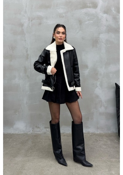 Msm Fashion Kadın İçi Beyaz Kürklü Siyah Kısa Biker Deri Ceket Mont Siyah-beyaz Siyah - Beyaz
