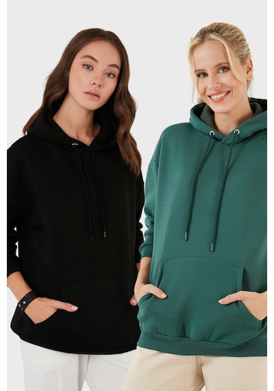 Lela Regular Fit Pamuklu Kapüşonlu Yaka Şardonlu Kışlık 2'Li Paket Bayan Sweat 5863854S2 Nefti-Siyah