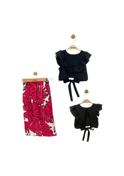 Zekids Kız Çocuk Beli Lastikli Desenli Pantolon Bluz Takım-14037 Siyah