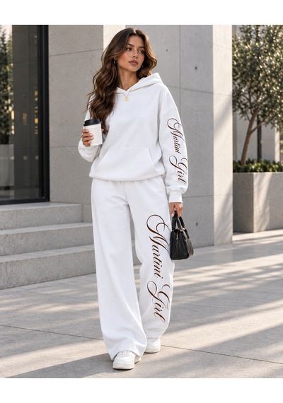 Macklin Unisex Kadın Erkek Martini Girl Kol Paça Baskılı Oversize 3 İplik Kapüşonlu Sweatshirt Ve Baggy Eşofman Altı Beyaz
