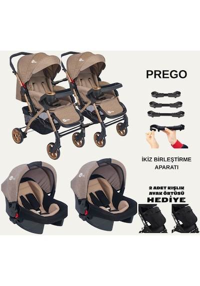 İkiz Bebek Arabası Çift Yönlü Bebek Arabası Sallanır Taşıma Puset İkiz Birleştirme Aparatlı Kahverengi