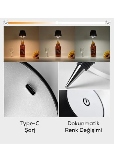 Ayrex Dokunmatik 3 Renk Usb Şarjlı Şişe Üstü Led Gece Lambası Masa Lambası Ambiyans Siyah Diğer