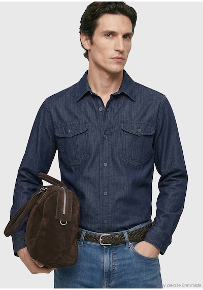 Ramsey İndigo Düz Casual Fit Uzun Dokuma Casual Pamuk Karışımlı Gömlek