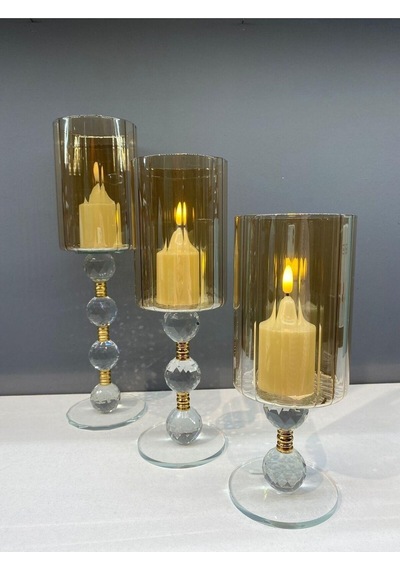 Dekoratif Kristal Cam Üçlü Boru Şamdan Gold