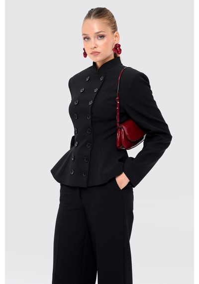 Thalure Kadın Siyah Kruvaze Düğmeli Peplum Blazer