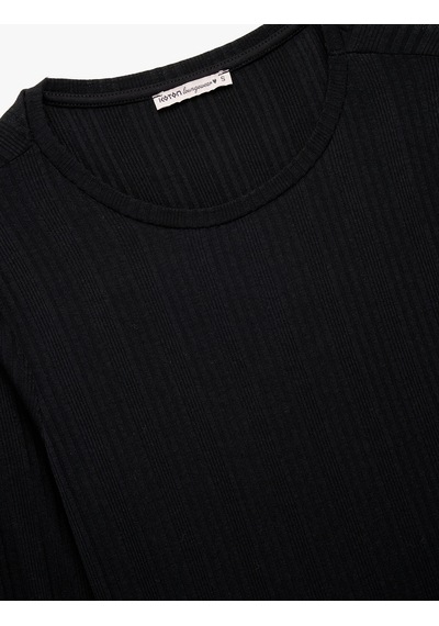 Koton Modal Kumaş Uzun Kollu Bisiklet Yaka Pijama Üstü Siyah 7wlk40068mk