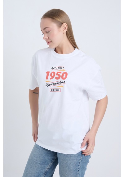 Kadın Oversize Baskılı T-shirt Beyaz 1950 Beyaz