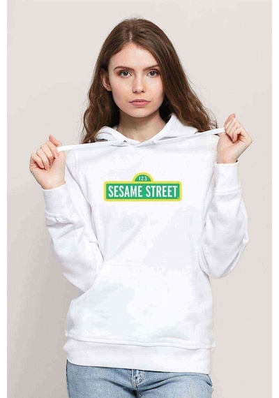 Susam Sokağı Baskılı Beyaz Kadın Kapşonlu Sweatshirt (534770427)