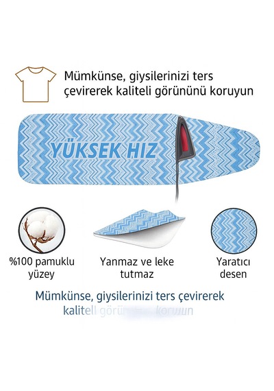 Ütü Masası Kılıfı Keçeli Mavi Zikzak Desen Battal Boy Xxl Pamuklu Yanmaz Üretim Beyaz - Mavi
