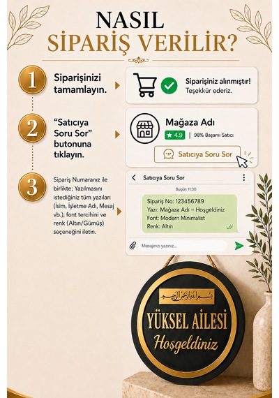 Besmele Tablo Kişiye Özel Gold Pleksi Ahşap Kapı Süsü Dış Kapı İsimliği Dekoratif Kapı Tabelası Siyah