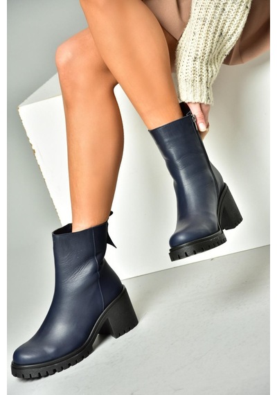 Fox Shoes R654006503 Lacivert Hakiki Deri Kalın Topuklu Kadın Bot Lacivert