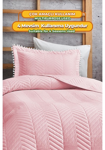 Evlen Home Ponponlu %100 Pamuk Tek Kişilik Günlük Yatak Örtüsü Pike Takımı Seti Pudra