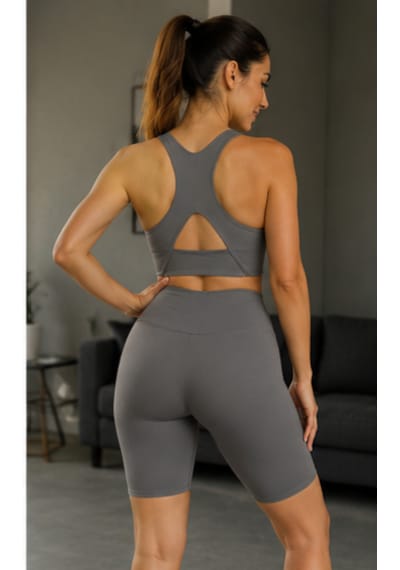 Cocosushicooo Kadın Gri Spor Takım Yüksek Bel Toparlayıcı Biker Tayt Ve Sırt Detaylı Spor Büstiyer