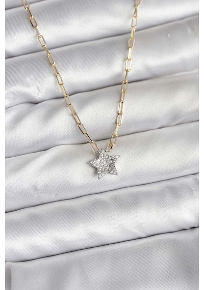 Pirinç Gold Renk Zincirli Zirkon Taşlı Minimal Yıldız Model Kadın Kolye