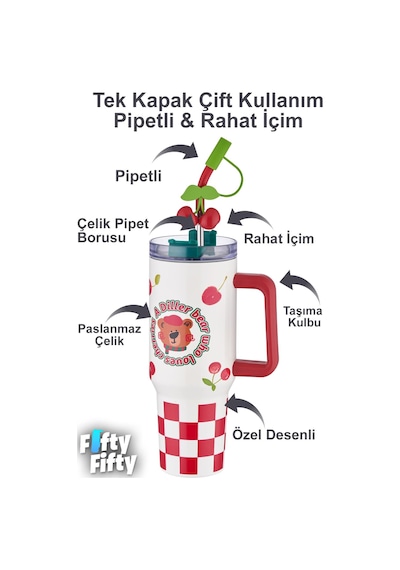 Dıller Cup 1200 Ml Pipetli/rahat İçim Kulplu Paslanmaz Çelik Termos -ffdıllerd9221 Çok Renkli