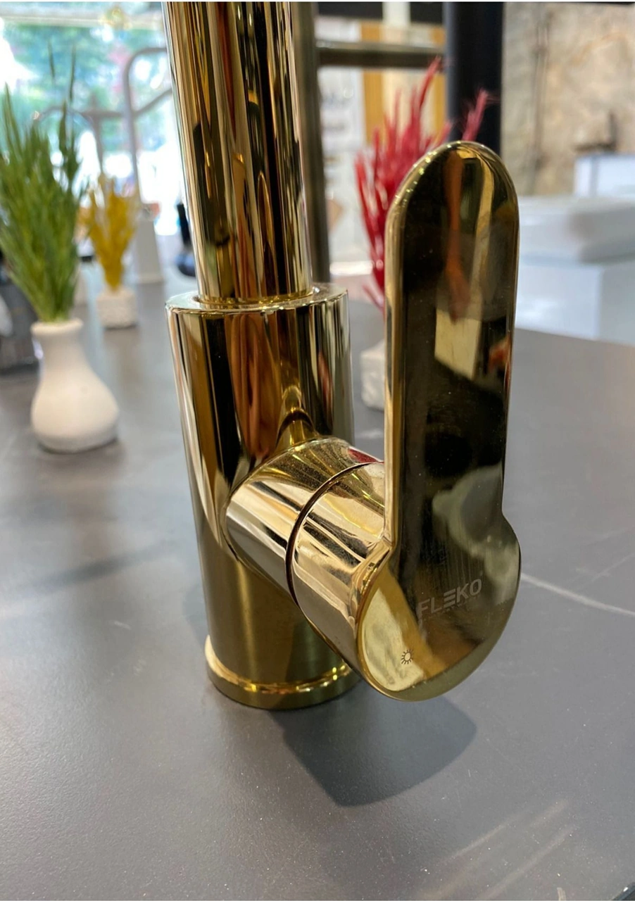 Fleko Gold Fonksiyonlu Endüstriyel Eviye Bataryası Mutfak Musluğu Gold