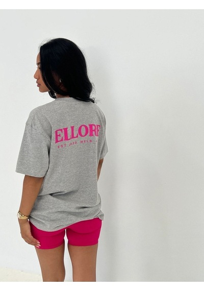 Ellore T-shirt - Gri Baskılı Oversize Bisiklet Yaka Kısa Kol Tişört Gri