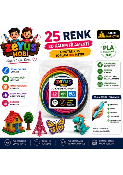 Zeyus Filament 25 Renk 4 Metre 3d Kalem Filamenti