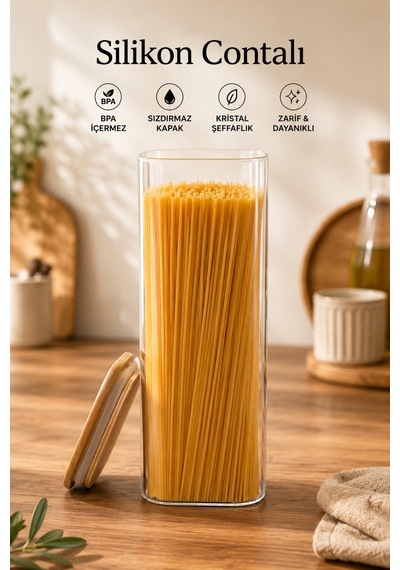 Porsima 12'li Kare Bambu Ahşap Kapaklı Cam Kavanoz Seti 1900 Ml, 1250 Ml, 750 Ml Erzak & Baharatlık Bambu - Şeffaf