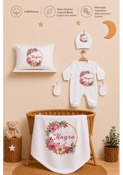 Pia Baby Kız Bebek Hastane Çıkışı Seti 11 Parça %100 Pamuk Kişiye Özel İsim Baskılı 1072110x Ekru