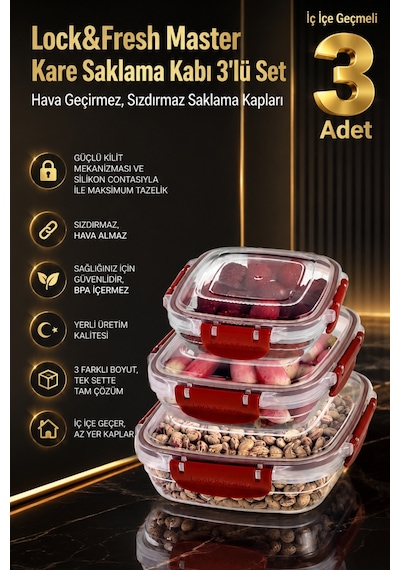 3'lü Kare Saklama Kabı Seti, İç İçe Geçer, Hava Almaz, Sızdırmaz Gıda Saklama Kutusu (350,600,1025 ml) Kırmızı