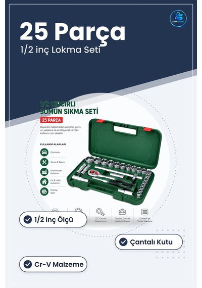 1/2 İnç 25 Parça Lokma Takımı Çantalı Cr-v Crırık Kollu Mafsallı