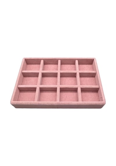 Yerli Üretim Küçük Boy Süet Kumaş Pembe Renk 12 Bölmeli Takı Sergileme Çekmece Içi Standı Çok Renkli