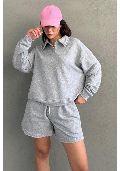 Madmext Gri Polo Yaka Kadın Şort Sweatshirt Takım Mg2375