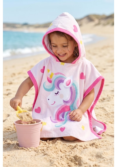 Kız Çocuk Kapşonlu Plaj Havlusu Panço Havlu Yüzücü Deniz Havuz Bornozu Bebek Banyo Havlusu Unicorn Pembe