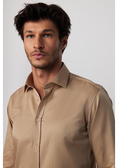 Tudors Modern Slim Fit Uzun Kollu Düz Saten Pamuklu Erkek Krem Gri Gömlek-23059 Krem