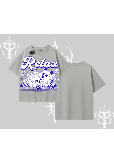 Tarzsokak Relax Kedi Baskılı Oversize Tshirt Gri