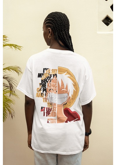 Sevbano Monkey D. Luffy One Piece Sırt Baskılı Unisex Oversize Anime Tişö Beyaz