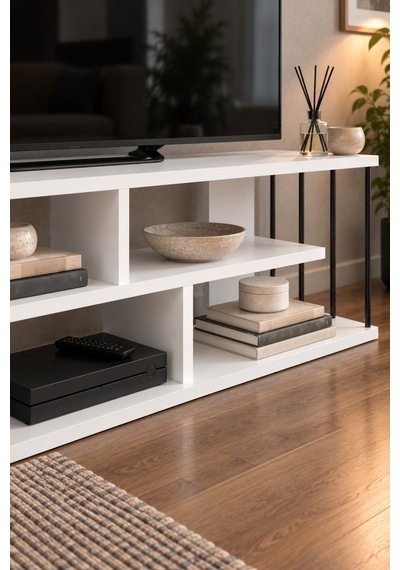 Sulorahome 140 Cm Tv Unit With Shelves And Metal Side Supports Beyaz