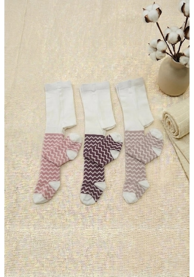 Cocole Socks Kız Bebek Külotlu Çorabı 3'lü Set Pamuklu Zigzag 0-24 Ay Çok Renkli