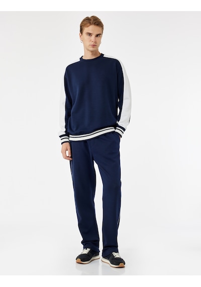Koton Pamuklu Renk Kontrastlı Uzun Kollu Bisiklet Yaka Sweatshirt Lacivert 7wam70047mk