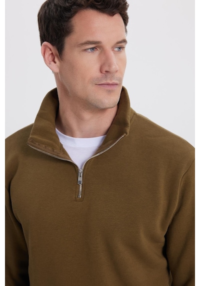 Tudors Unisex Relax Fit Rahat Kesim Pamuklu İçi Polarlı Yarım Fermuarlı Yeşil Dik Yaka Sweatshirt-35164 Yeşil
