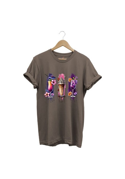 Milkshake Ve Kokteyl Temalı Renkli Yaz Baskılı %100 Pamuk Unisex Regular Fit T-shirt Kahverengi