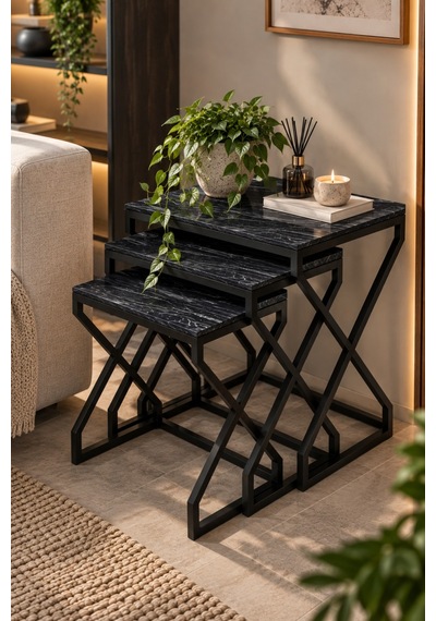 Sulorahome Modern Zigon Sehpa Seti Siyah Desenli Ve Metal Ayaklı Siyah Mermer Desenli
