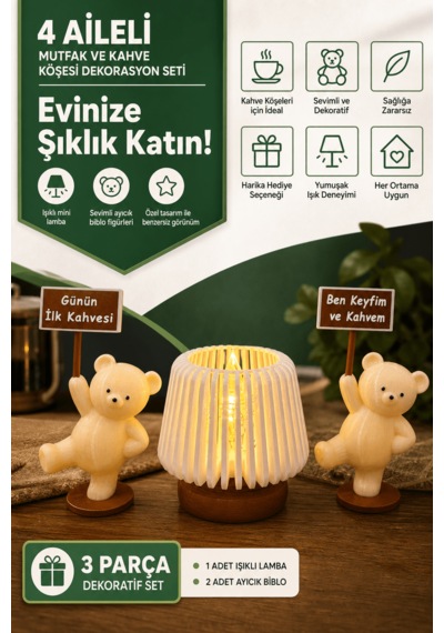 Mutfak Ve Kahve Köşesi Dekorasyon Seti - Işıklı Mini Lamba Ve Mottolu Ayıcık Biblo Figürleri .
