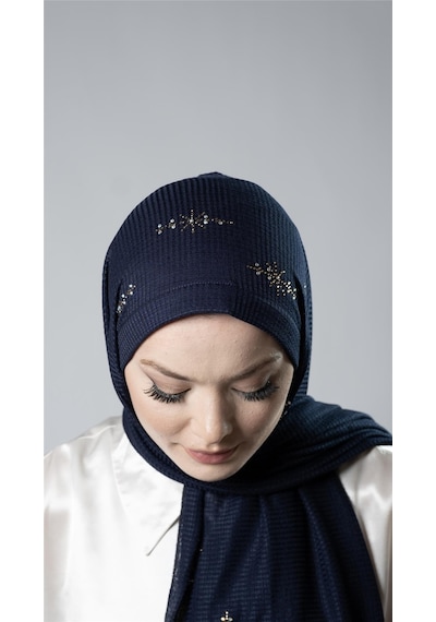 Hürrem Bone Lacivert Pratik Hazır Geçmeli Tesettür Şal Örme Kumaş Taşlı Yıldız Desenli 2118y 02