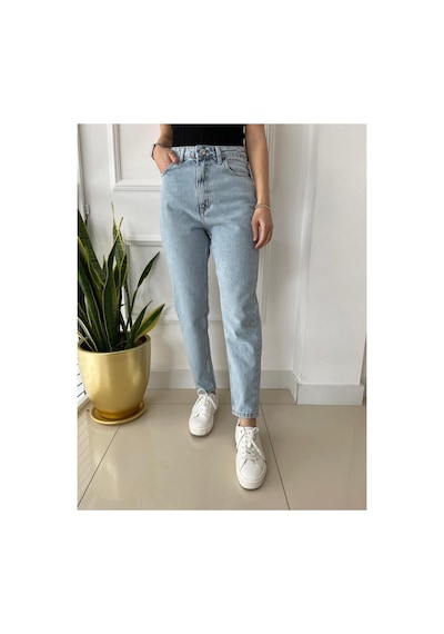 Woddi Lamina Mavi Kar Yıkama Yüksek Bel Mom Jeans Boyfriend 1 Beden Büyük Alınız Taş1