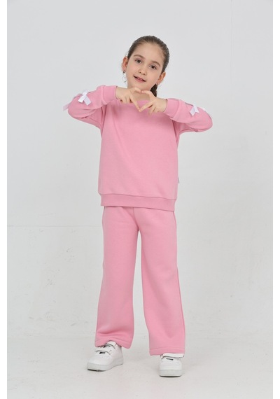 Erdem Kıds Kız Çocuk 3 İplik Şardonlu Kurdele Detaylı Basic Sweatshirt-bol Kesim Palazzo Eşofman Takım Pembe Pembe