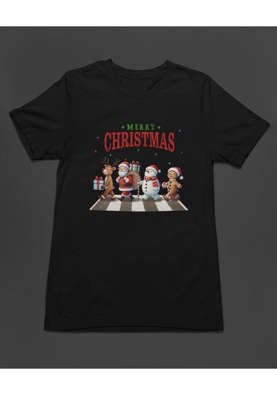 Bumeta Christmas Crossing Santa Geyik Ve Kardan Adam Baskılı Unisex Tişört T-shirt Siyah