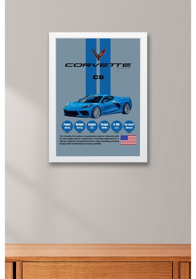 Corvette C8 Araba Tablosu - Teknik Özellikli Otomobil Poster - Çerçeveli Duvar Dekoru Beyaz