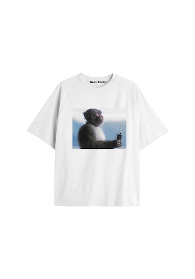 Kalic Studio Kafa Dinleyen Maymun Ünisex Oversize T-shirt Beyaz