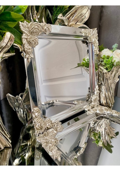 Atabey Home Collection 4 Adet Kahve & Çay & Sunum Tepsisi Metal Döküm Kare Gül Gümüş Model